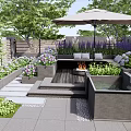 Lush Courtyard Garden Design With Umbrella Seating Area Fire Pit Water Feature And Stone Paving