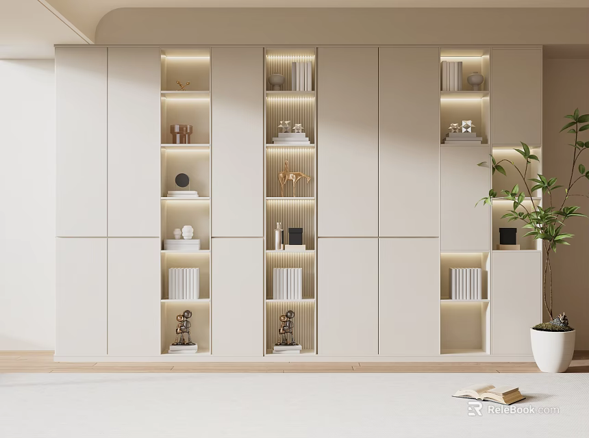 Modern Built in Bookcase Design With LED Lighting Books Decorative Items And Green Plant 3d model 