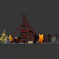 Cartoon Scene Featuring Red House Blue Tiled Roof Jagged Decorations Snowy Ground Yellow Play Furniture