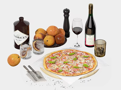 Fresh Homemade Pizza With Fresh Fruits Red Wine Glasses and Cutlery 3d model