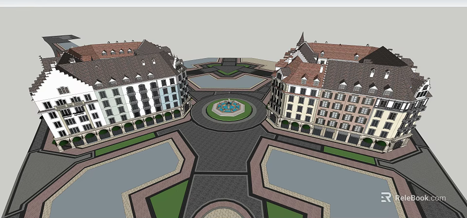 European Style Commercial Street With Central Fountain Plaza Stone Paved Roads And Greenery 3d model 