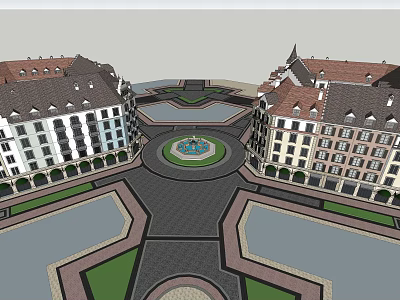 European Style Commercial Street With Central Fountain Plaza Stone Paved Roads And Greenery 3d model