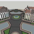 European Style Commercial Street With Central Fountain Plaza Stone Paved Roads And Greenery