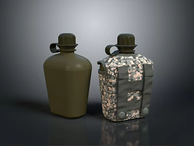 Two Practical Daily Life Water Bottles With Green And Camouflage Patterns And Straps 3d model