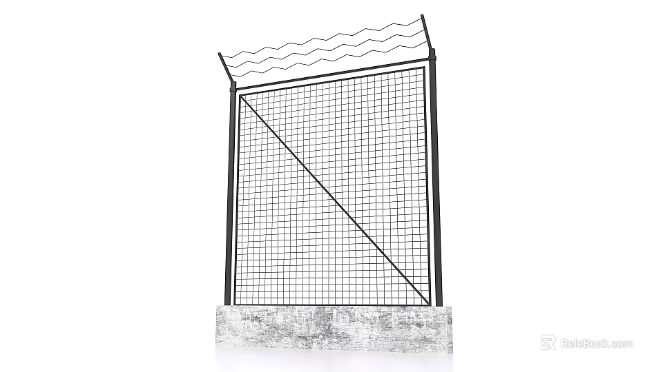 Metal Mesh Fence With Concrete Base And Wavy Barbed Wire Top 3d model 