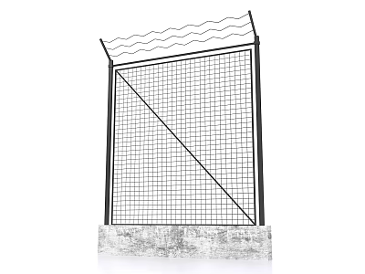 Metal Mesh Fence With Concrete Base And Wavy Barbed Wire Top 3d model