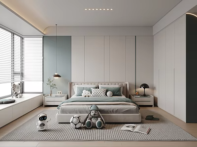 Modern Kids Room Interior With Bed Toys Storage Cabinets And Soft Lighting 3d model