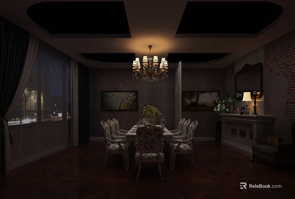 Elegant Dining Room Interior With Chandelier Dining Table Chairs Paintings And Wooden Floor 3d model 