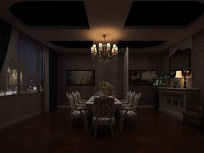 Elegant Dining Room Interior With Chandelier Dining Table Chairs Paintings And Wooden Floor 3d model