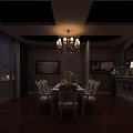 Elegant Dining Room Interior With Chandelier Dining Table Chairs Paintings And Wooden Floor