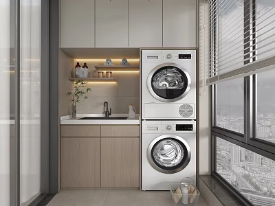 Modern Home Balcony With Washing Machine Dryer Sink And Cabinets Window Blinds City View 3d model