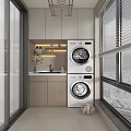 Modern Home Balcony With Washing Machine Dryer Sink And Cabinets Window Blinds City View