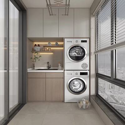 Modern Home Balcony With Washing Machine Dryer Sink And Cabinets Window Blinds City View 3d model