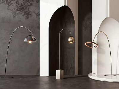 Stylish Modern Floor Lamps With Arc Designs And Spherical Shades In Contemporary Interior Spaces 3d model