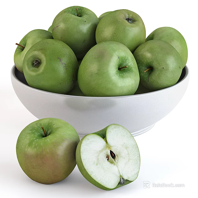 Fresh Green Apples in White Bowl with Sliced and Whole Fruits 3d model 