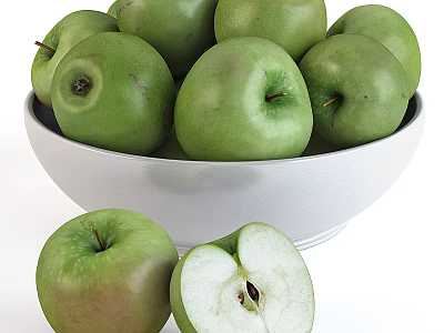 Fresh Green Apples in White Bowl with Sliced and Whole Fruits 3d model