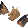 Detached House Wooden Frame Models Showing Different Construction Stages With Triangular Roof 3d model