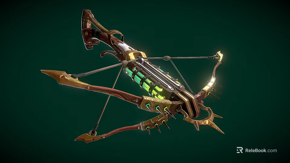 Fantasy Bow Weapon With Golden Accents Green Glowing Core And Intricate Design 3d model 