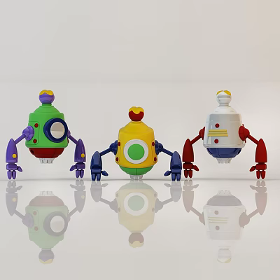 Green Yellow White Red Electric Robot Toys With Round Bodies Detailed Arms And Lens Eyes 3d model