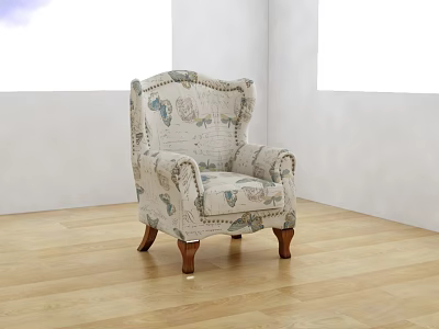 Charming Accent Chair With Butterfly Print Upholstery And Wooden Legs In Bright Living Room 3d model
