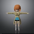 Cartoon Child with Red Hair Beige Coat Blue Top Black Shorts Arms Outstretched on Gray