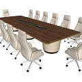 Modern Wooden Conference Table With White Wheeled Chairs In Meeting Room