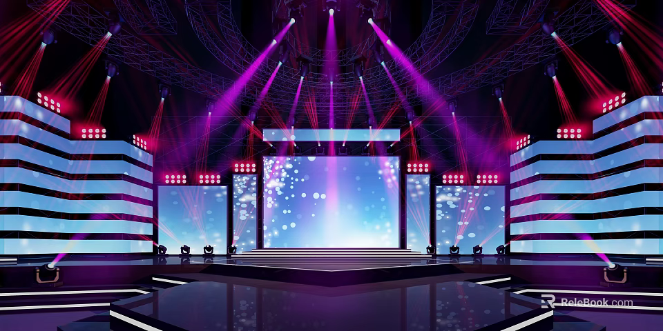 Modern Stage Design With Purple Red Lighting Large LED Screens And Decorative Steps 3d model 