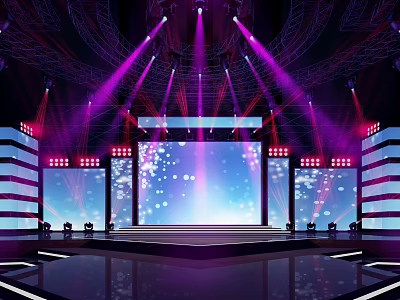 Modern Stage Design With Purple Red Lighting Large LED Screens And Decorative Steps 3d model