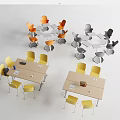 Light Brown Desks with Orange Gray Yellow Chairs and Notebook Cup on Top