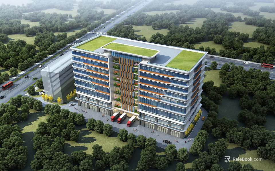 Aerial Planning Of Modern Multi Storey Building With Green Roof Glass Curtain Walls And Trees 3d model 