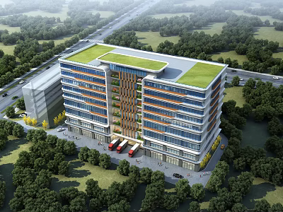 Aerial Planning Of Modern Multi Storey Building With Green Roof Glass Curtain Walls And Trees 3d model