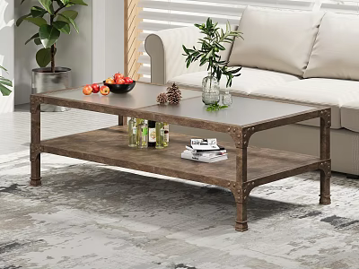 Wooden Coffee Table With Metal Frame Two Tier Design Fruits Green Plant In Living Room 3d model