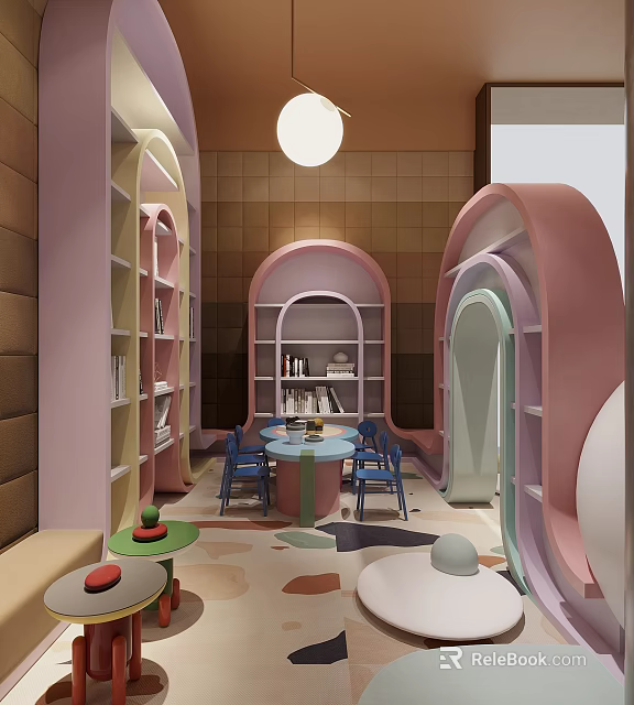 Pastel Colored Bookshelves Round Table Blue Chairs In Playful Interior Space With Soft Lighting 3d model 
