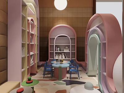Pastel Colored Bookshelves Round Table Blue Chairs In Playful Interior Space With Soft Lighting 3d model