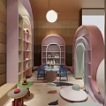 Pastel Colored Bookshelves Round Table Blue Chairs In Playful Interior Space With Soft Lighting