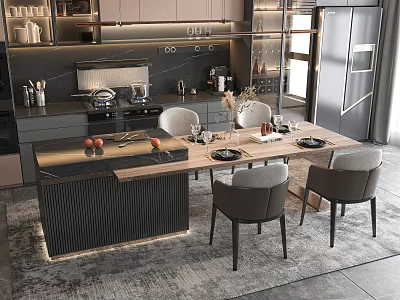 Modern Kitchen Interior Design With Island Counter Dining Table Chairs And Cabinets 3d model