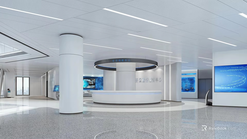Circular Modern Lobby Reception Desk With Spacious Bright Interior And Digital Screens 3d model