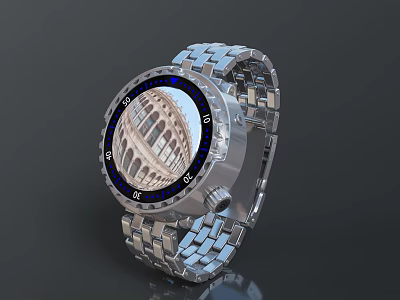 Stylish Stainless Steel Watch With Roman Colosseum Dial And Metal Band 3d model