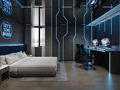 Modern Hotel Room Interior With Gaming Setup Computer Desk And Ergonomic Chair 3d model