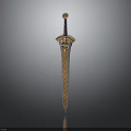 Ornate Golden Sword With Blue Hilt Intricate Pattern And Decorative Top