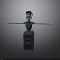 Cartoon Robot In Blue Cap Outfit With Extended Arms And White Tools On Black Oven