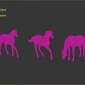 Three Brown Horses Standing On Black Smooth Floor With Gray Background And Different Poses