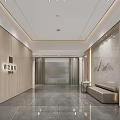 Modern Elevator Hallway Interior Design With Wooden Walls Marble Flooring And Recessed Lighting