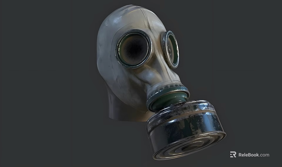 White Gas Mask With Round Lenses And Metal Filter Canister Isolated On Dark Background 3d model 