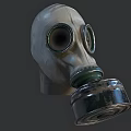 White Gas Mask With Round Lenses And Metal Filter Canister Isolated On Dark Background