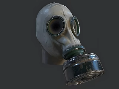 White Gas Mask With Round Lenses And Metal Filter Canister Isolated On Dark Background 3d model