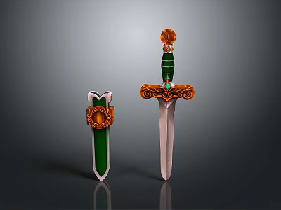 Decorative Green And Orange Swords With Ornate Handles And Sheaths 3d model
