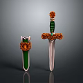 Decorative Green And Orange Swords With Ornate Handles And Sheaths