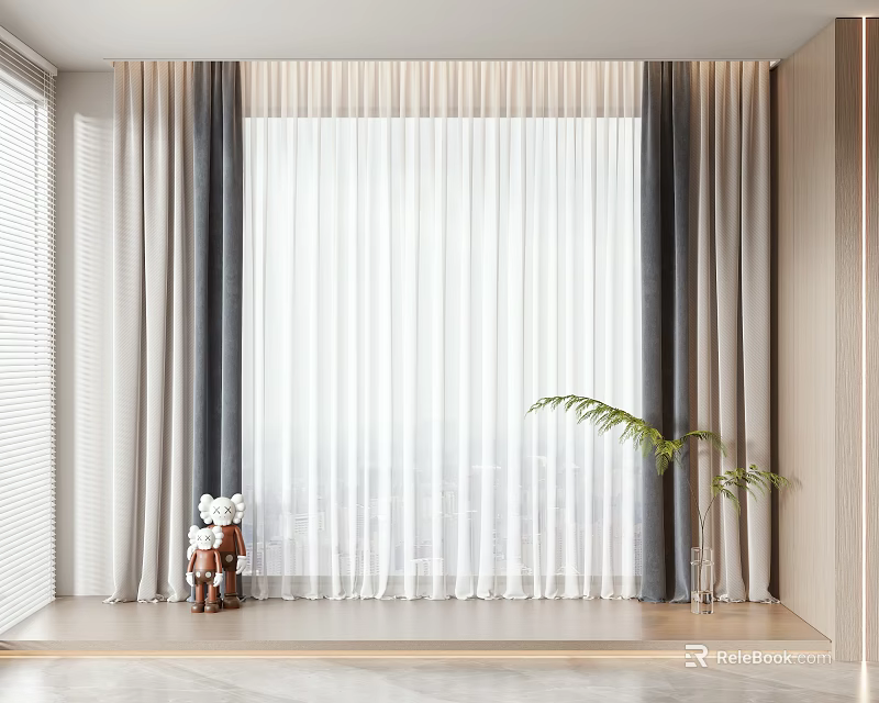 Modern Neutral Tones Floor Length Curtains With Sheer Layers And Indoor Plant 3d model 