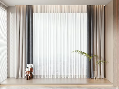Modern Neutral Tones Floor Length Curtains With Sheer Layers And Indoor Plant 3d model